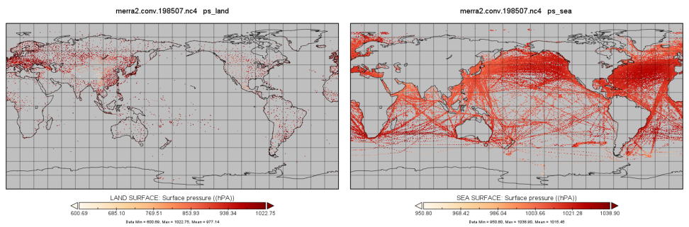 Mean surface pressure from MERRA-2 land surface stations (left) and sea surface observing platforms (right)