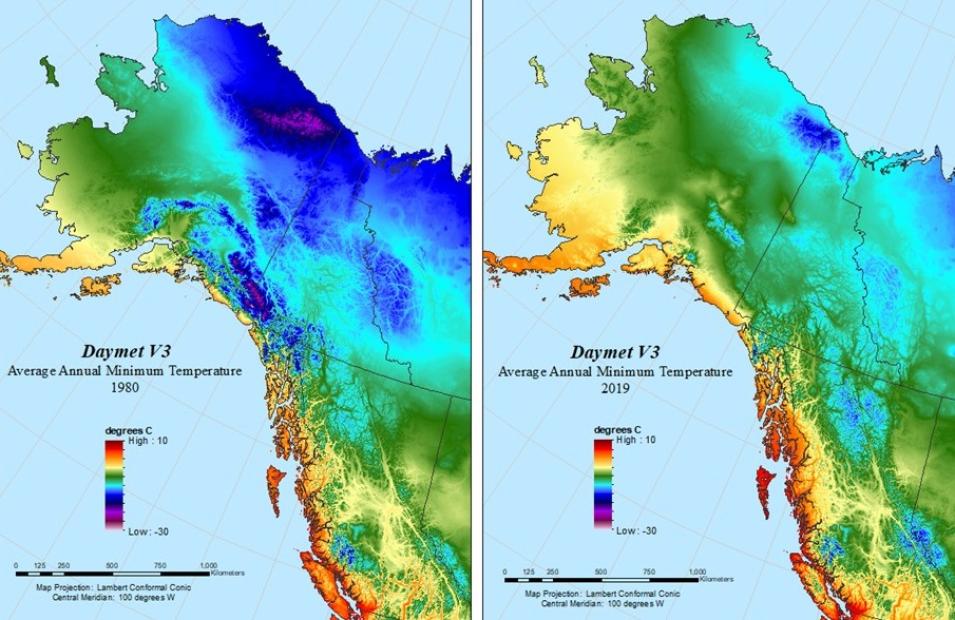 Side-by-side images of Alaska and Western Canada with colors indicating average annual minimum temperature. Right image from 2019 clearly shows higher average annual minimum temperatures, as indicated by colors indicating higher temperatures.