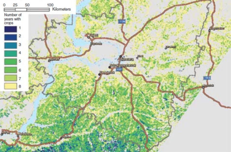 Map of the Samara region showing where crops were grown and for how many years