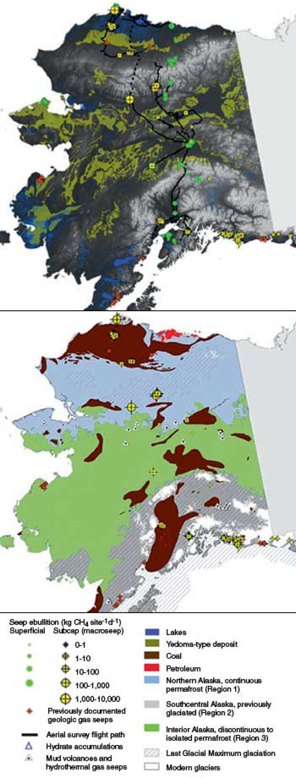 Data maps of Alaska showing methane seeps and geologic features associated with them