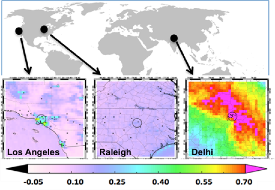 Map showing particulate matter (PM) levels at 3 pilot project cities.