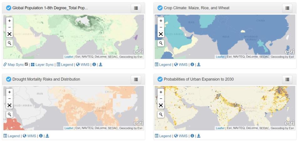 This graphic offers a glimpse of SEDAC's four-panel viewer, which allows users to compare and contrast four data layers at once.