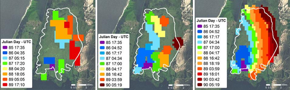 Daily fire spread mapped by 1 km Aqua/MODIS (left), 750 m VIIRS (center) and 375 m VIIRS (right) data at the Taim Ecological Reserve in southern Brazil. The data cover the period 26 - 31 March 2013. The white outline shows represents the burned area mapped using 30 m Landsat-7 on 31 March. This figure is reproduced here courtesy of Wilfrid Schroeder, University of Maryland.