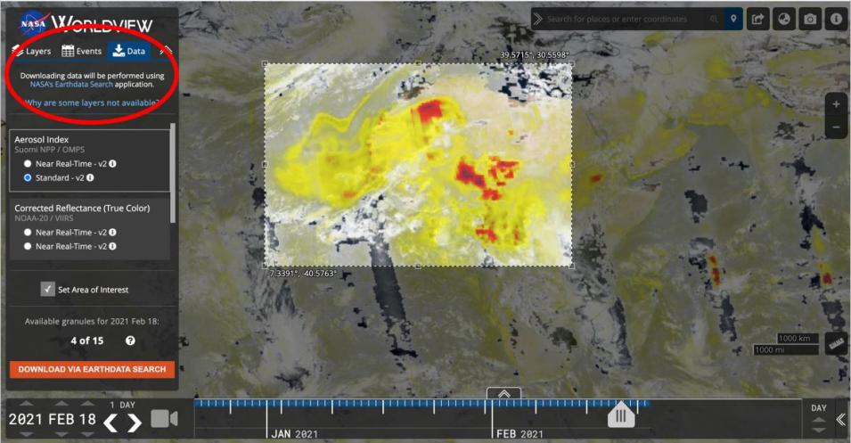 This screen capture from Worldview 3.9.0 shows where users are notified about their downloaded data