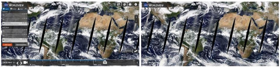 Side-by-Side images showing the difference between having distraction free mode on (left image) and off (right image). Right image shows clean Worldview base map without any overlays.