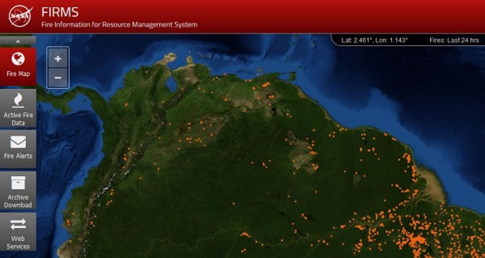 FIRMS Fire Map image showing the northern edge of South America with numerous orange dots indicating the location of MODIS-detected hotspots.