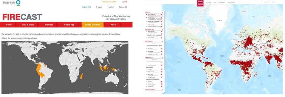 Two images showing the fire detection parameters of Conservation International's Firecast system (left image) and the World Resource Institute's Global Forest Watch-Fires system (right image). Both systems rely on FIRMS for their fire detection information.