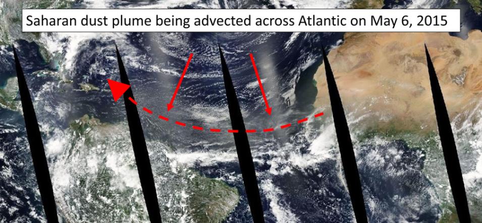 Satellite image showing a plume of Saharan dust crossing the Atlantic Ocean