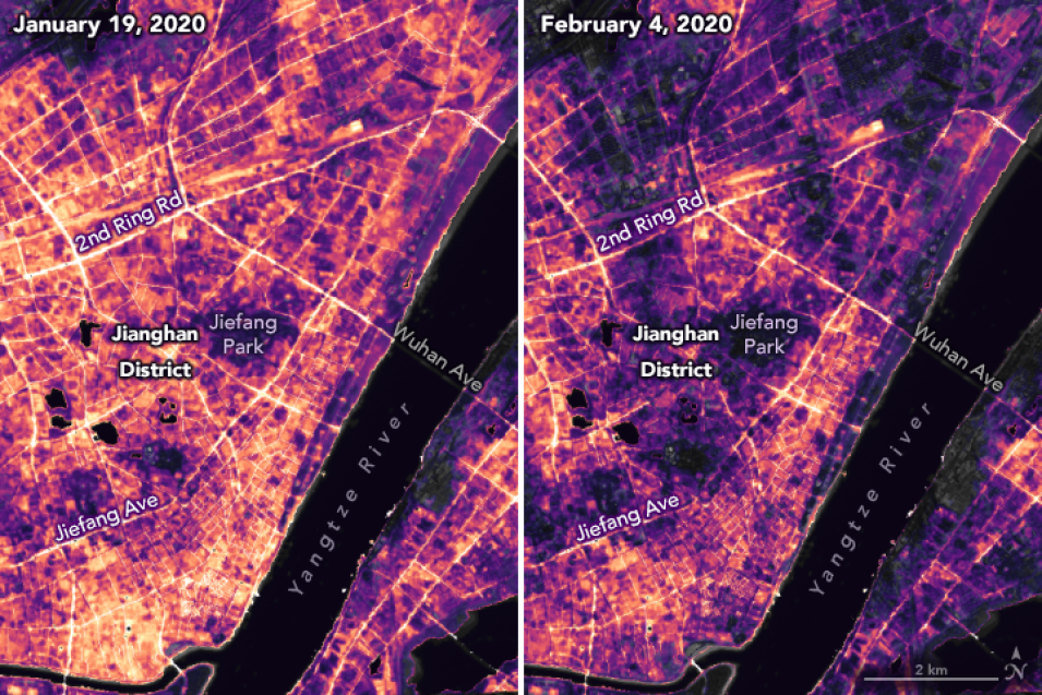 Image shows lighting changes in Jianghan District, a commercial area of Wuhan, and nearby residential areas