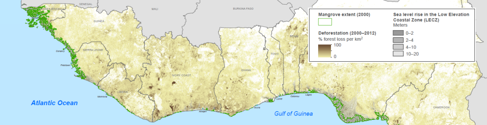 Map of Coastal West Africa mangrove areas and deforestation