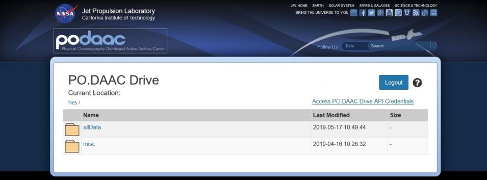 Screenshot of PO.DAAC Drive home page.