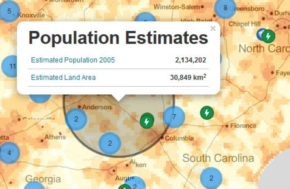 Users can designate geographic areas using circles or polygons and receive population and area estimates for the designated region. Image: NASA SEDAC, 10/08/15.