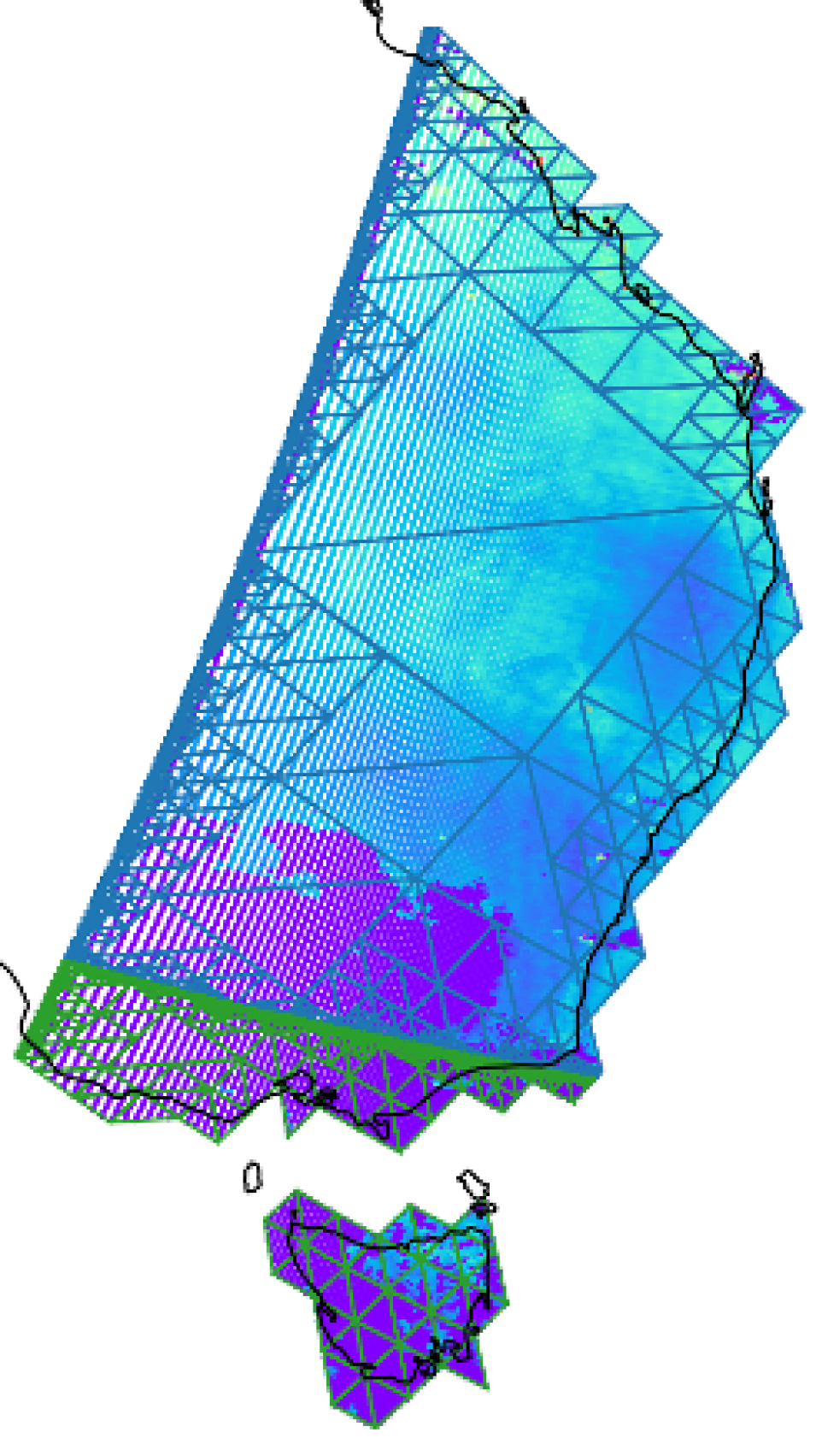 Illustration of Eastern Australia and Tasmania with blue triangles representing STARE subsetting.