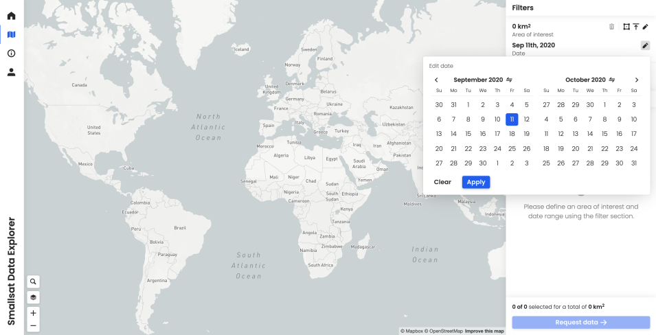 Image shows the Smallsat Data Explorer (SDX) tool, which allows users to explore and order small satellite data.