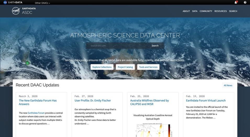 Image of new ASDC home page with the words Atmospheric Science Data Center superimposed over a MODIS daily global image. Below this top bar are boxes highlighting articles and other features.