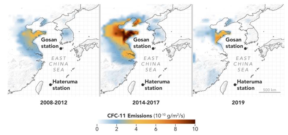 This graphic shows how two stations in the AGAGE network identified eastern China as a significant source of increased CFC-11 emissions.