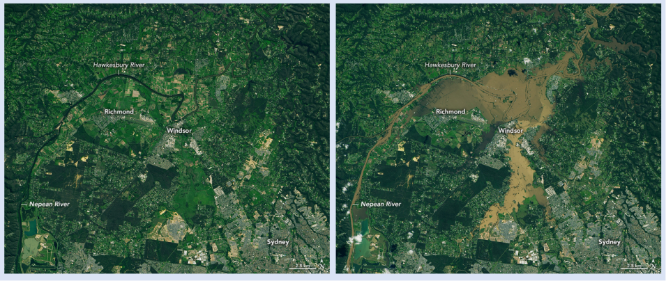 Side-by-side images showing the same area before flooding (left) and after historic flooding (right).