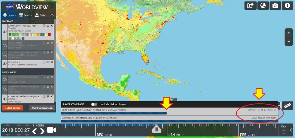 Screenshot of full Worldview panel showing open timeline availability panel. Yellow arrow outlined in red in lower center of screen points downward to blue timeline bars; yellow arrow outlined in red on right side points downward to red circle around text indicating dates of available imagery.