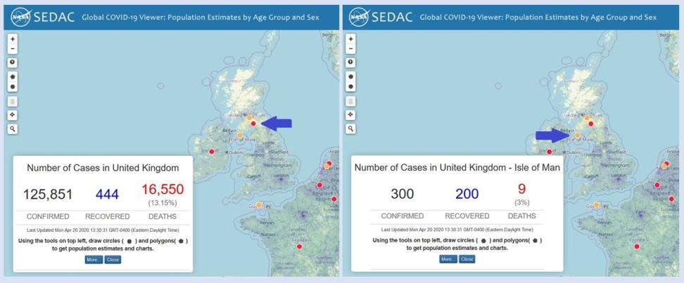 Two images of Great Britain showing the difference in data returns by clicking on Country Only data (red dot) and Country/States/Provinces data (yellow dot). Country data shows a much larger number of COVID-19 cases.