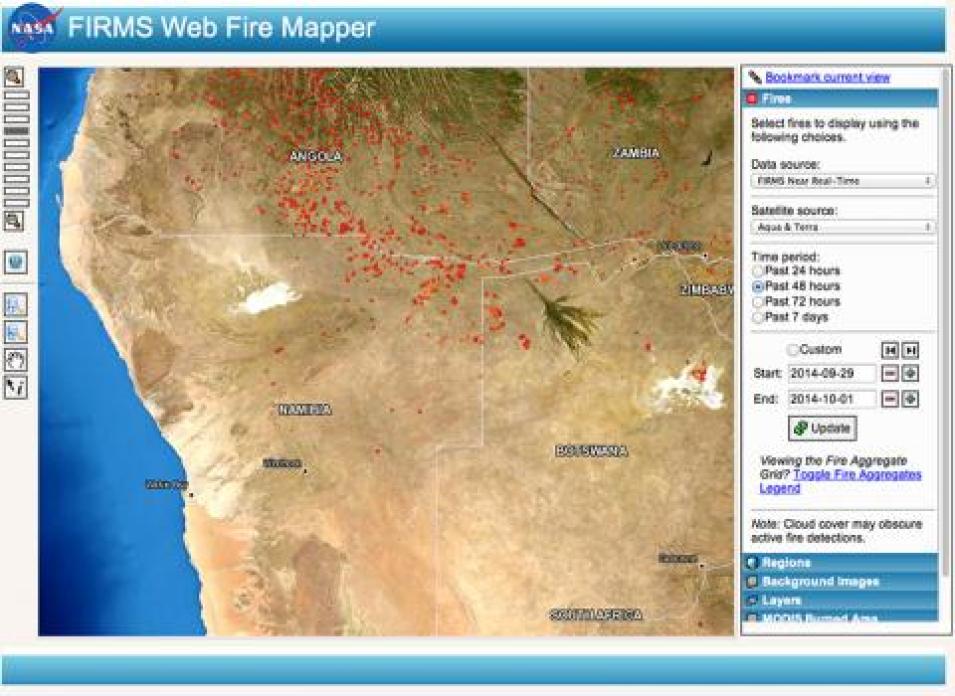 FIRMS Web Fire Mapper showing fires/hotspots in Angola, Namibia and Botswana