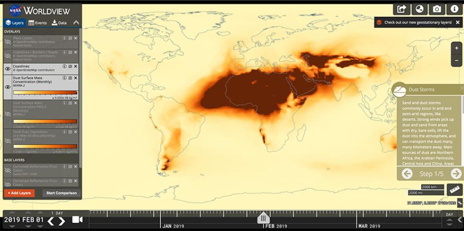 Screenshot of Worldview's Tour Story featuring a dust storm stretching across the globe.