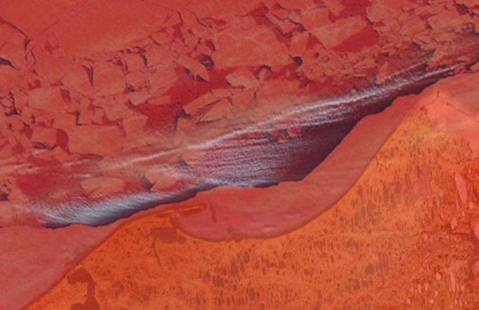 Satellite image showing vapor plumes welling up from leads in the Chukchi and Beaufort seas