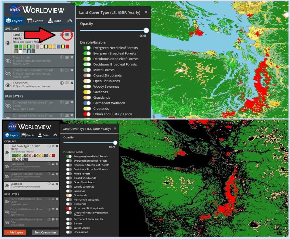 Two images arranged vertically. Top image shows Land Classification layer with a red arrow pointing to the layer options icon in the layer box; to the right is a drop-down menu showing all land type classification layers with toggles to turn layers on or off. All layers are on and the resulting image displays a map with all classification colors. Bottom image shows same map with only Evergreen Needleleaf Forests, Grasslands, and Urban and Built-up areas selected with the resulting three-color classificat...