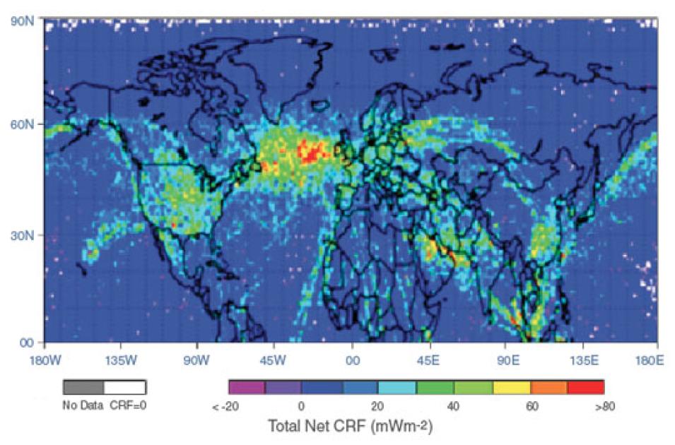 Data image showing where contrails contributed to atmospheric heat during 2006