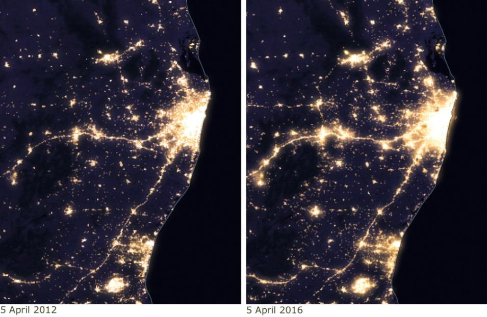 Comparison of nighttime lights in Chennai, India, in 2012 and 2016