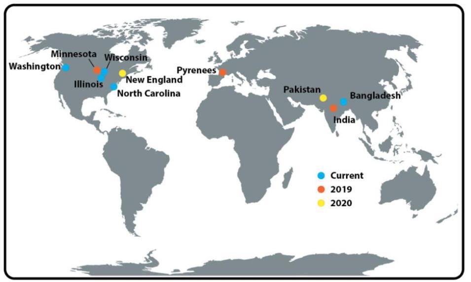 Map of the world showing locations of LOCSS study sites current from June 2019, projecting to 2020.