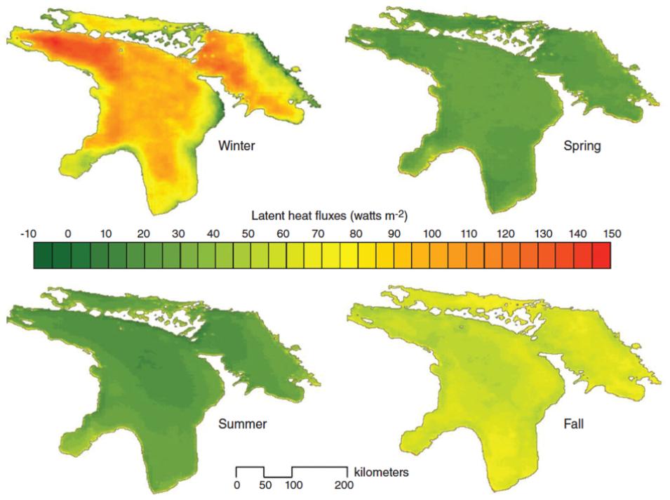 Series of data images comparing seasonal changes in heat in Lake Huron
