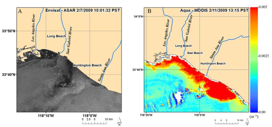 Pair of data images showing a stormwater plume viewed by two different satellite sensors