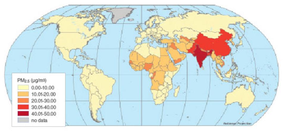 Data map showing global annual average of human exposure to PM2.5