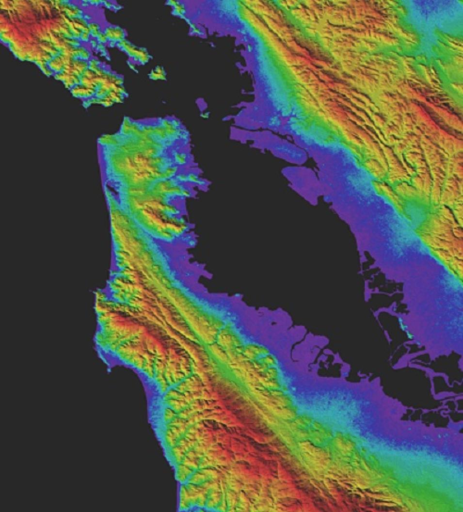 Image from ASTER GDEM Version 3 showing shaded relief topography of San Francisco, with different heights shown in different colors.