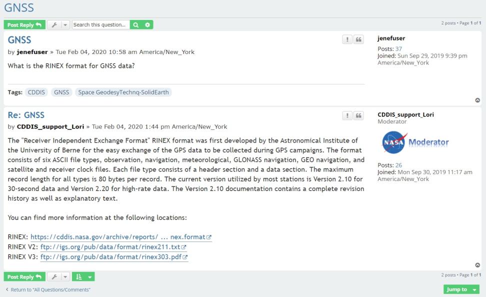 Screenshot of a question/response from Earthdata Forum. Question is related to GNSS and appears in the upper quarter of the rectangular box. A narrow box with question tags appears below the question box. Answer from CDDIS appears in a larger box under the narrow tag box with hyperlinks from CDDIS to more information at the bottom.