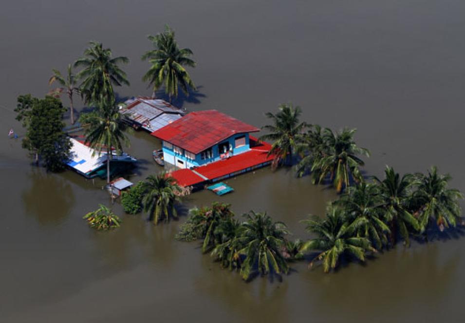 Floods engulfing a house in Bangkok, Thailand