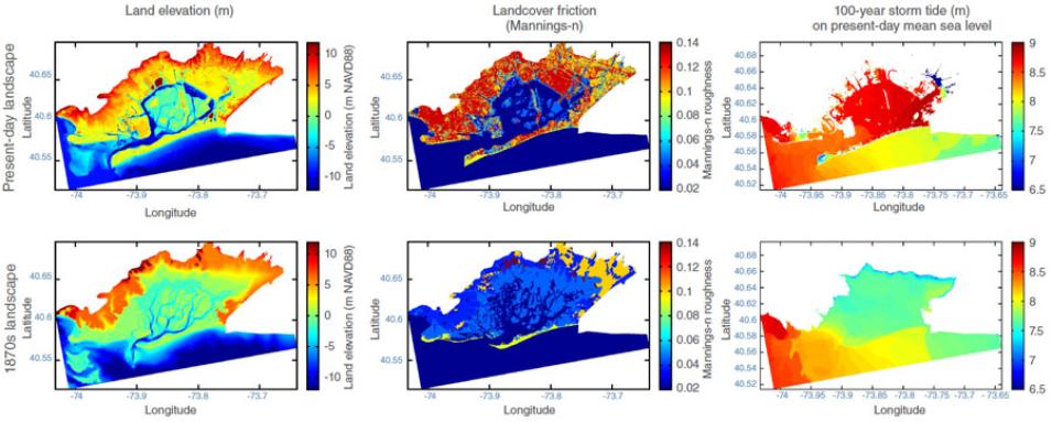 Data maps comparing the elevations, land friction, and storm tide levels for Jamaica Bay, New York, for the 1870s and the present day