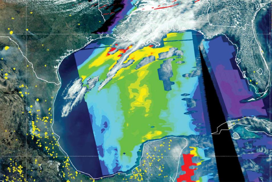 Data image showing smoke from the Yucatan Peninsula wafting up across the southeastern U.S.