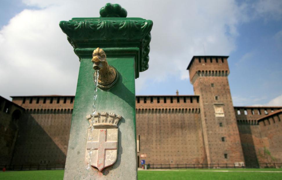 Photograph of a fountain at Sforza Castile in Milan, Italy