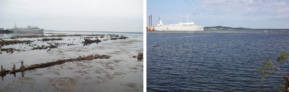Photographs of Muskegon Lake shoreline, showing before and after restoration
