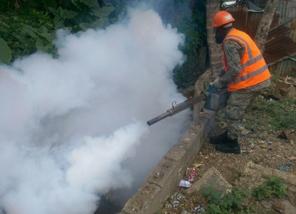 Photograph of a man spraying insecticide