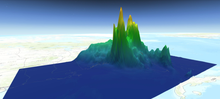 3D image of precipitation levels during Hurricane Irma rendered from Geographical Information Systems tools