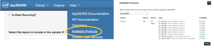 This image shows how to browse available data products