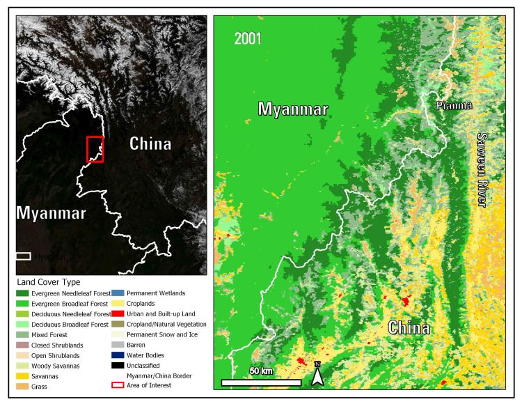 Map on the left shows an overview of the area of interest on the Myanmar/China border. Map on the right shows both evergreen broadleaf forest (EBF) and deciduous broadleaf forest (DBF) in the area over the border of China and Myanmar.