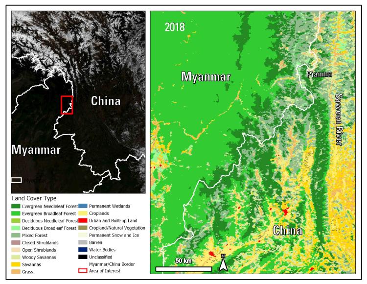 A map on the left shows the location of interest. A map on the right shows combined Terra and Aqua International Geosphere-Biosphere Progamme (IGBP) land cover classification from 2018.