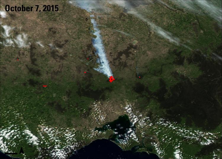 True color composite of Victoria, Australia, using Aqua MODIS daily surface reflectance data, showing red color pixels identifying fires in the area from the 8 day period of September 30 – October 7, 2015 using the Thermal Anomalies and Fire product.