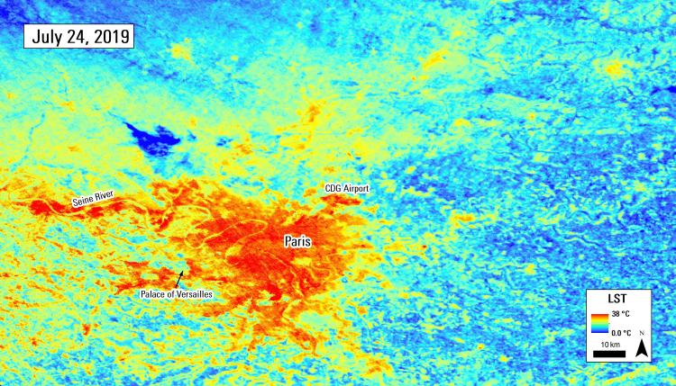 70-meter map of ECOSTRESS land surface temperature of Paris, France on July 24, 2019