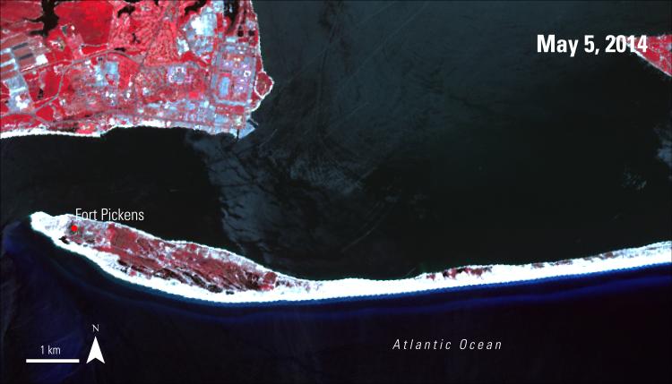 ASTER image of Fort Pickens Road acquired May 5, 2014 after the storm