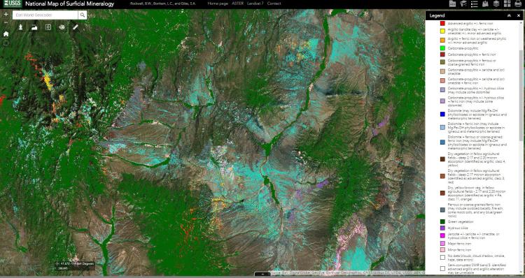 Map showing the types of minerals that can be identified using ASTER data in Elko County, Nevada.