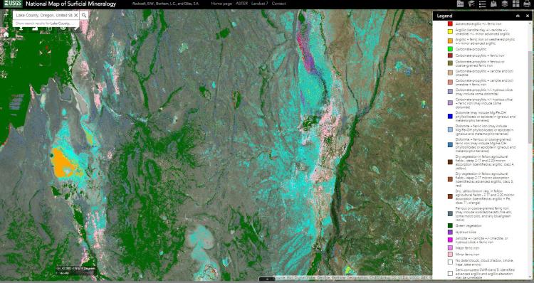 Map of mineralogy using ASTER data in the SaMiRA study area of Lake County, Oregon.